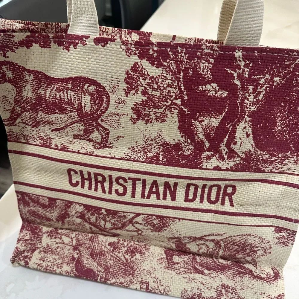 Christian Dior Red and Cream Dior Riviera Straw Tote Bag